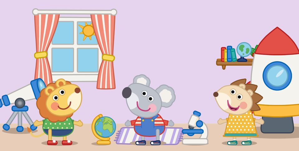 The cast in a science room with a telescope, a globe, a microscope and a rocket